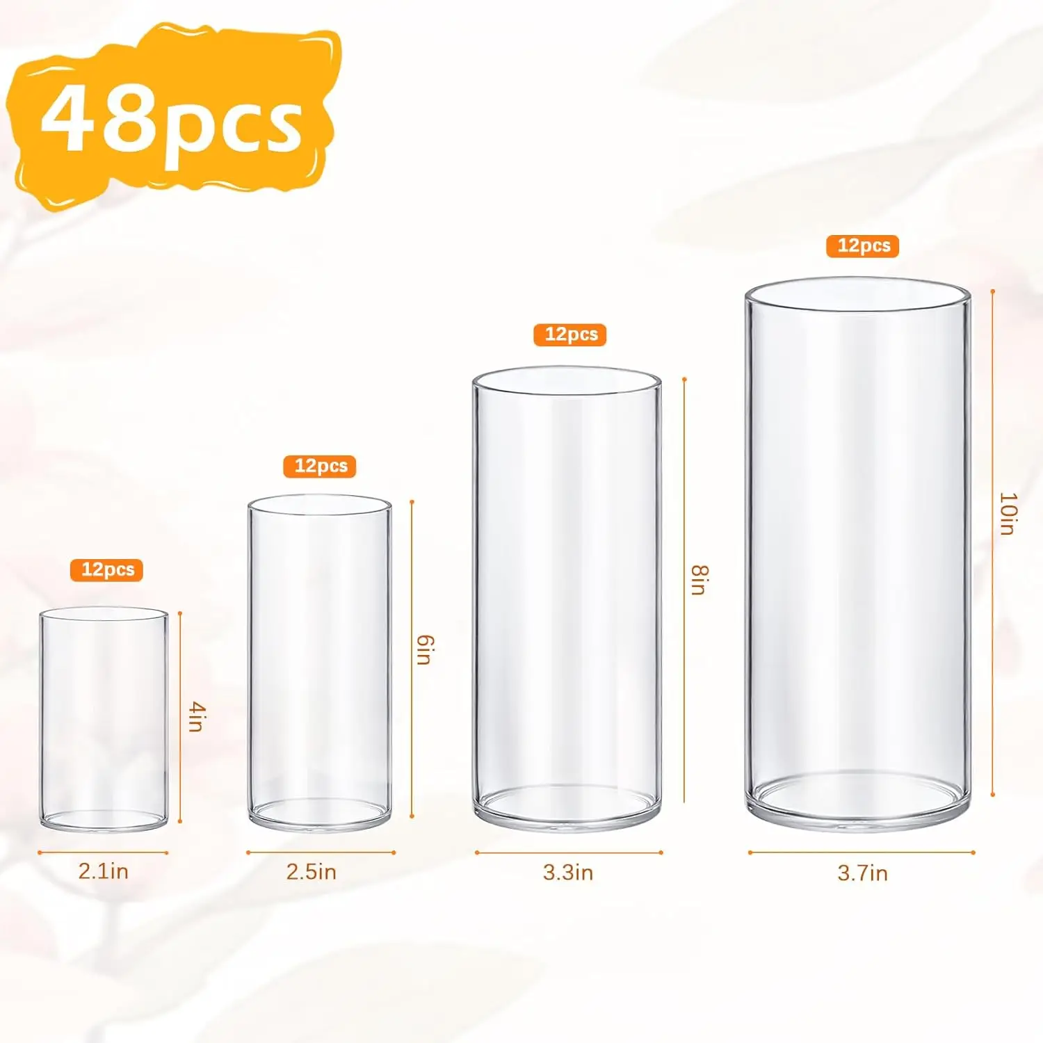 48 Pack Glass Cylinder Vases 4,6,8,10 Inch Tall Clear Flower Vase Hurricane Floating Candle Holder for Table Centerpiece Wedding