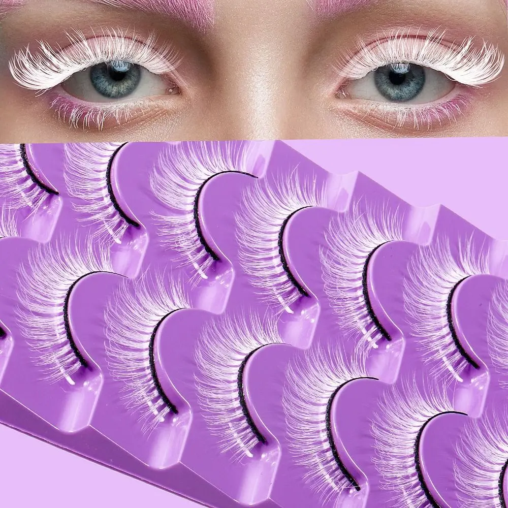 7 Pairs White False Eyelashes Lashes Extension Exaggerated 3D Curled Lashes Reusable Faux Fibre Thick Fluffy Lashes