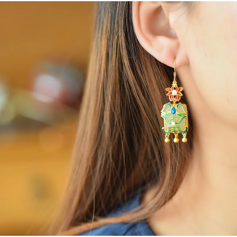 

Серьги из серебра 925 пробы с инкрустацией эмалью и кисточками Duobao, серьги из нефрита Hetian