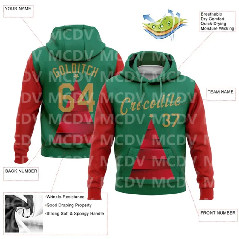 Custom Stitched Kelly Green Old Gold-Red 3D Christmas Tree Sports Pullover Sweatshirt Hoodie