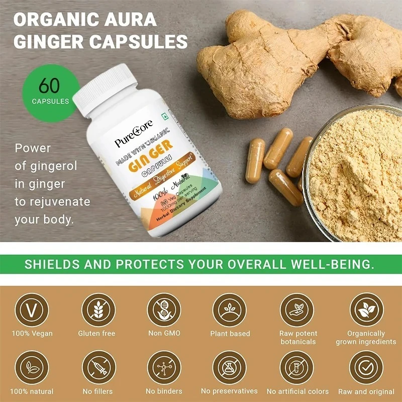 Organic Ginger, 60 Vegetable Capsules. Natural Promotion of Digestion, Relief of Stomach Discomfort, Non GMO, and Gluten Free.