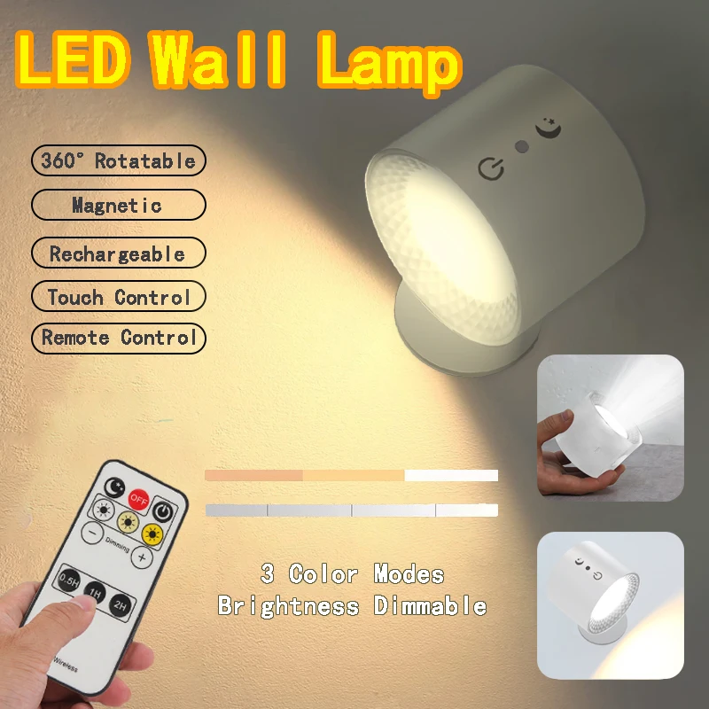 LED Wall Lamp 360° Rotatable Wall Sconce with Magnetic Rechargeable 2000mAh Touch Remote Control Night Light for Home Decoration