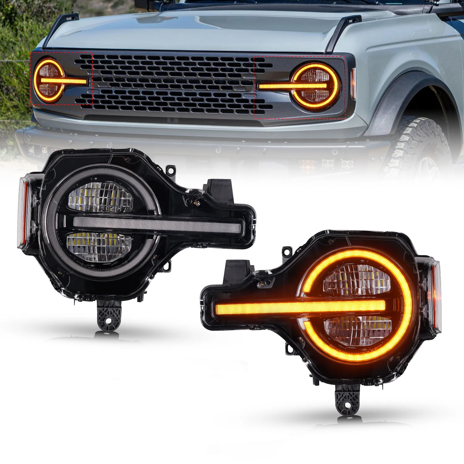 

LED Headlights for Ford Bronco 2021-2024 Front Lamp with Sequential Turn Signal White Amber Lights