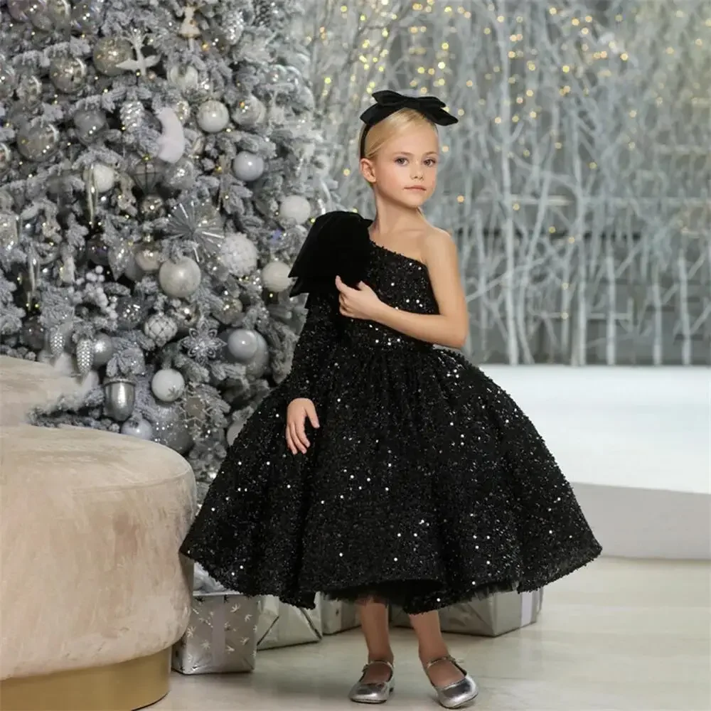 

First Communion Luxury Glitter Sequined One Shoulder Black Flower Girl Dress For Wedding Big Bow Puffy Princess Costumes