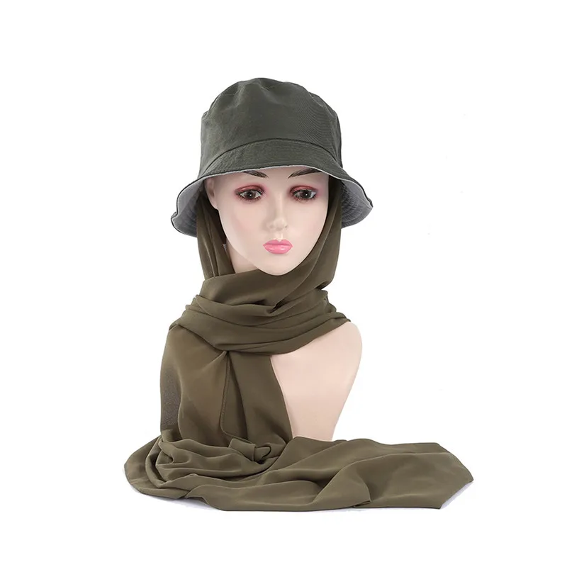 1pc Muslim Women Bucket Hat With Chiffon Hijabs Summer Sports Cap With Chiffon Hijab Ready To Wear Instant Hijab Islam Headscarf