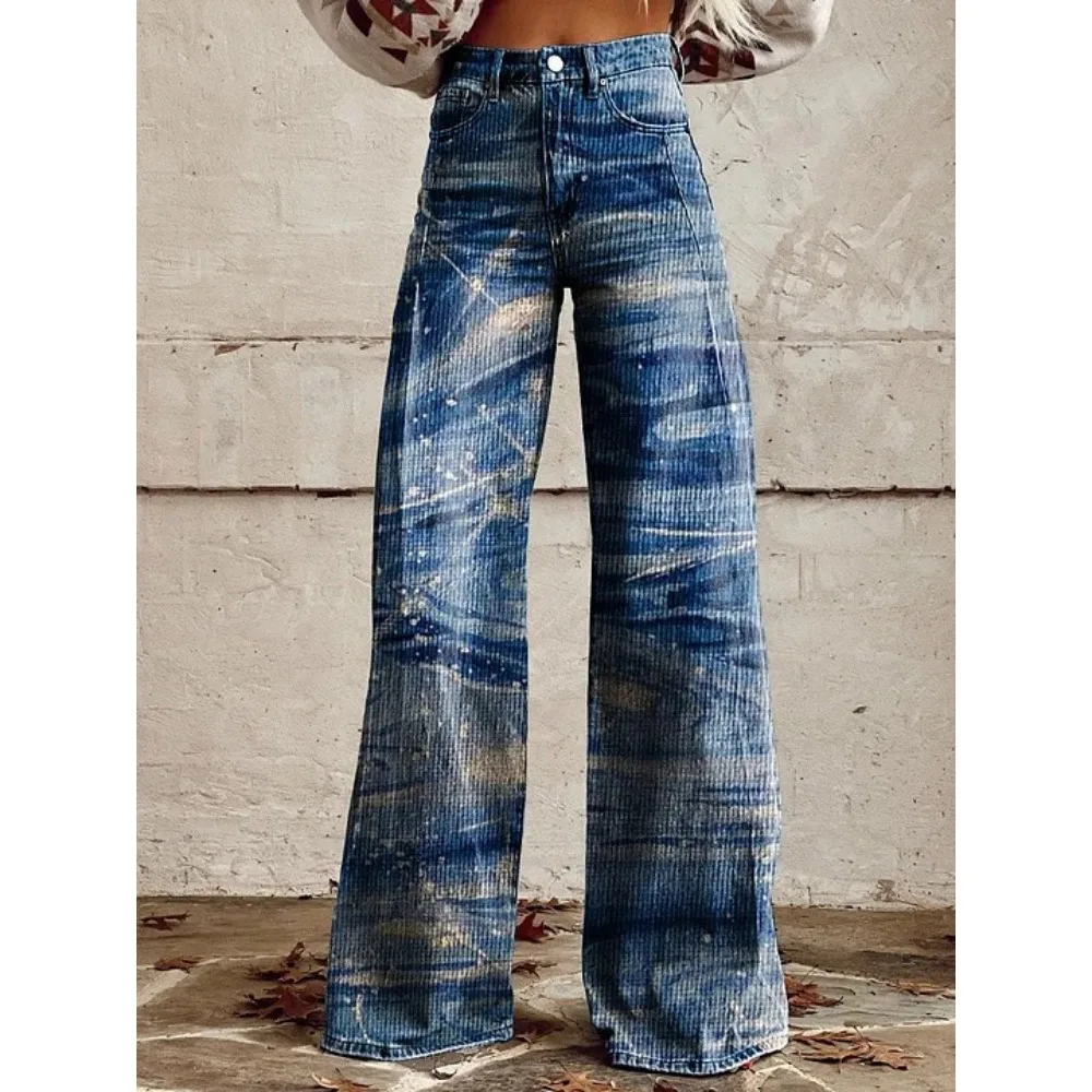Vintage Galaxy Star Print Hose mit hoher Taille und weitem Bein, Damen-Baumwollhose, lässige Streetwear-Hose für Festivals und Konzerte – Detail 2