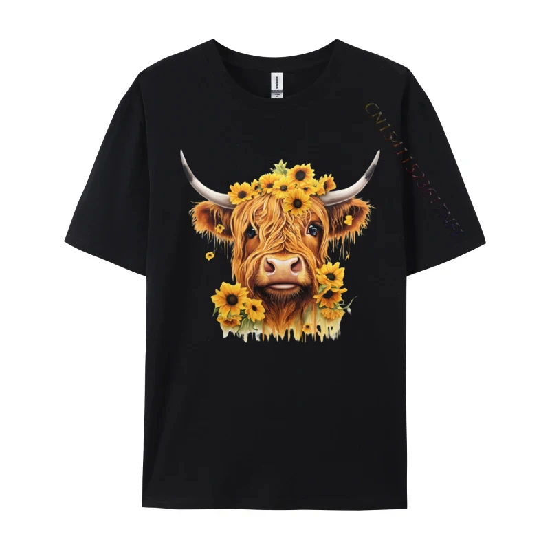 Cute Sunflower Design For With Scottish Highland Cow Group Coupons Men's T Shirt Cotton Tops Tees Simple Style Tee Shirts