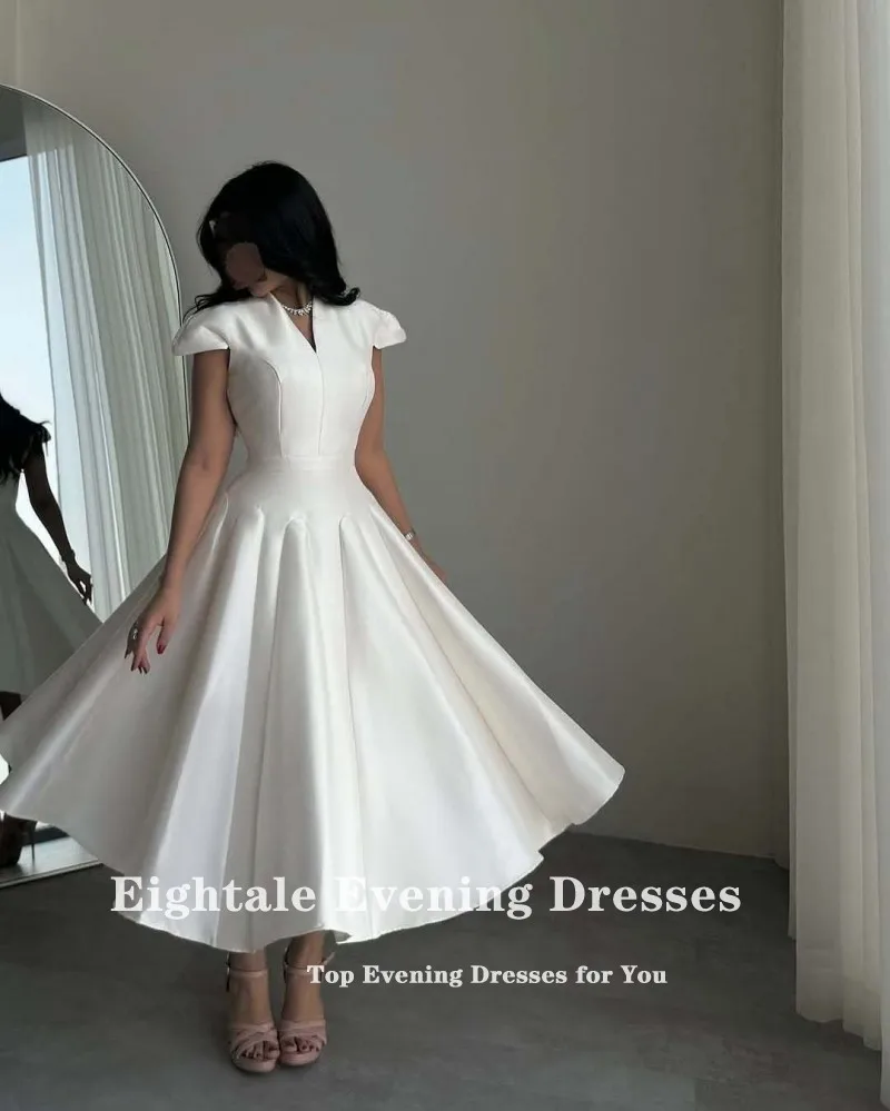 Eightale Arabische Abendkleider für Frauen, maßgeschneidert, V-Ausschnitt, Satin, Flügelärmel, A-Linie, Abschlussball, Partykleid, Hochzeit, Robes de Soirée