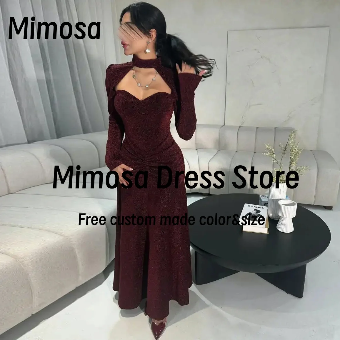 Mimosa Keyhole High Collar Prom Dresses 2025 Long Sleeve Evening Party Dress Zipper Back فساتين للمناسبات الرسمية Customized