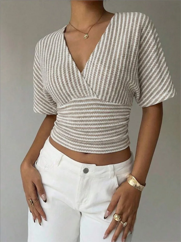 

Sexy Deep V-neck Printed Striped Women's 2026 Summer New T-shirt Pink Short-sleeved Casual T-shirt Slim Vacation Beach Wear