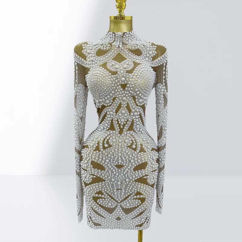 

Luxurious Embossed Beads Sexy See-Through Sheer Bodycom Mini Dress Celebrate Birthday Party Dress Singger Performance Costume