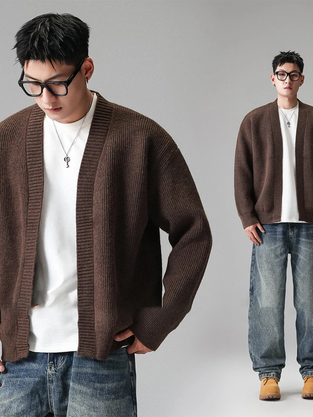 

Новый мужской кардиган-свитер свободного кроя, однотонный, вязаный, осенний, повседневный, с V-образным вырезом, цвет коричневый.