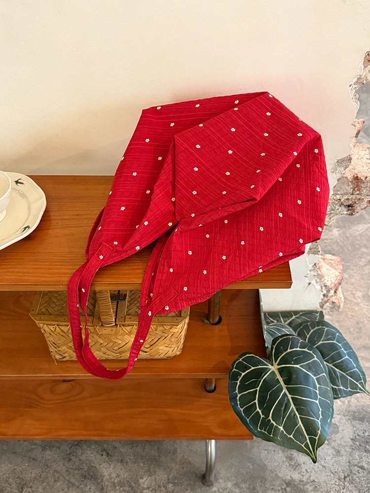

Korean Floral Polka Dot Red Canvas Bag 2025 New Large Capacity Portable Tote Causal Shoulder Bags