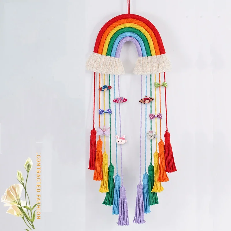 

Rainbow Nursery Wall Hanging Decoration Hair Clips Storage Organizer Cotton Tassel Girl Kawaii Room Decor Macrame Craft Ornament