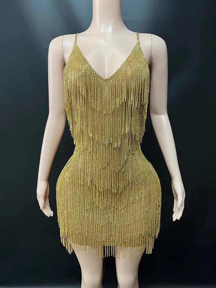 High Quality Rhinestone Layered Tassel Sexy Bare Back Suspender Dress 2025 New Fashion Custom Women'S Clothing