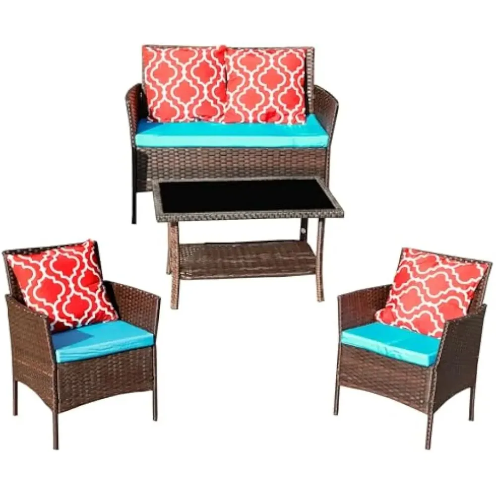 

Wicker Patio Furniture Set, 4 Pieces Outdoor Rattan Sofa Chair Coffee Table with Pillows & Cushions, for Backyard Garden Deck L