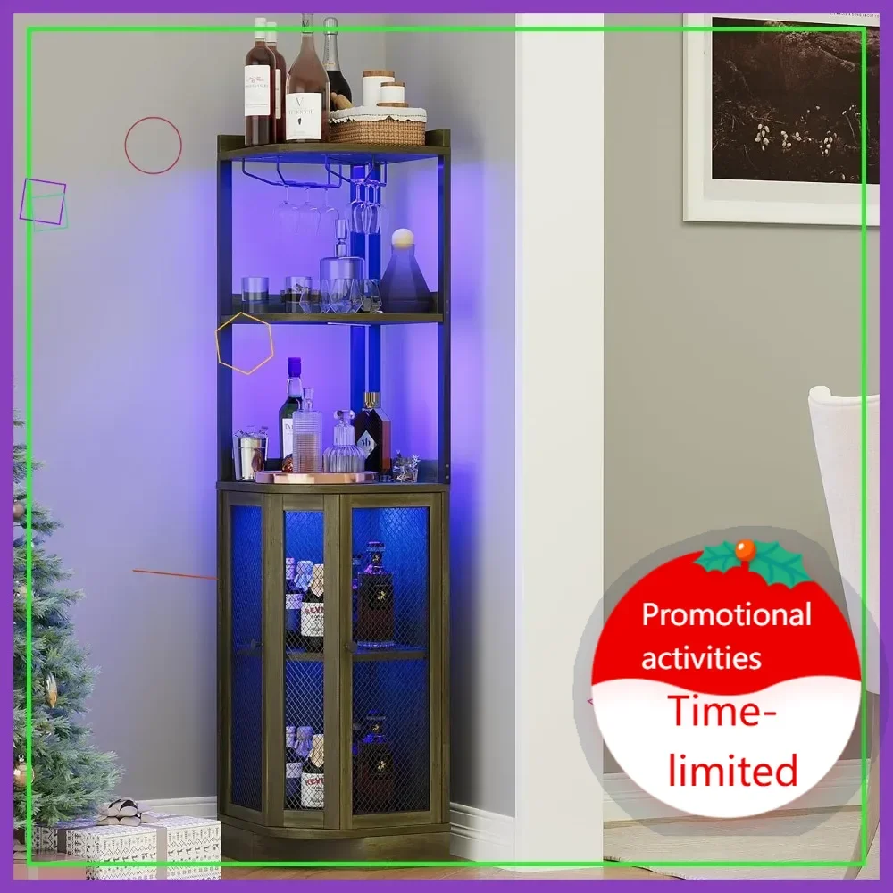 

Hot sales65" Corner Bar Cabinet with LED Lights & Power Outlet, 5-Tier Wine Display Storage for Home Bar