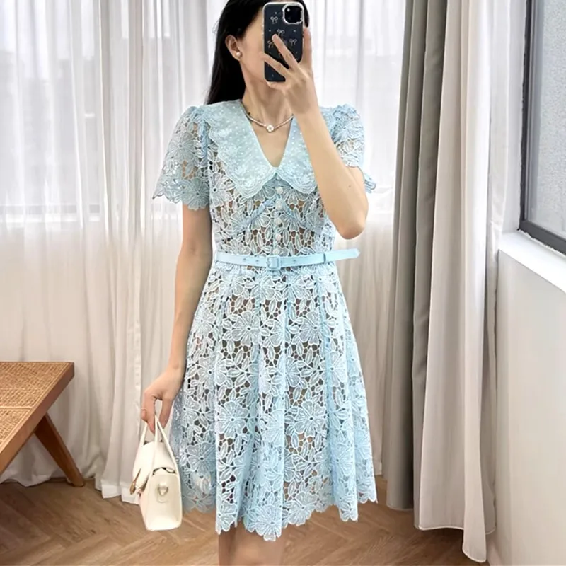 2024 autumn women lace dress hollow out fanning office ladies elegant mini dress