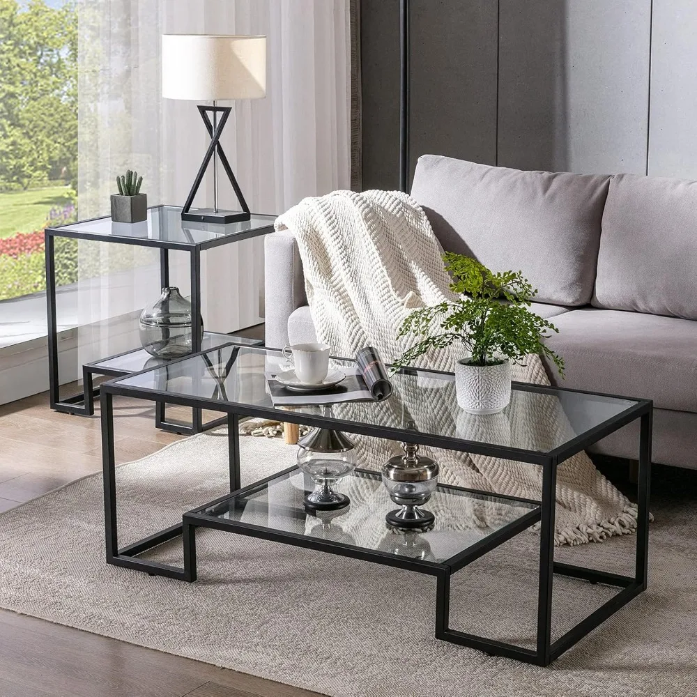 Metal Glass Coffee Table, Black Accent Modern Tempered Glass Side Table, Additional Storage Shelf, for Living Room Home Classy F