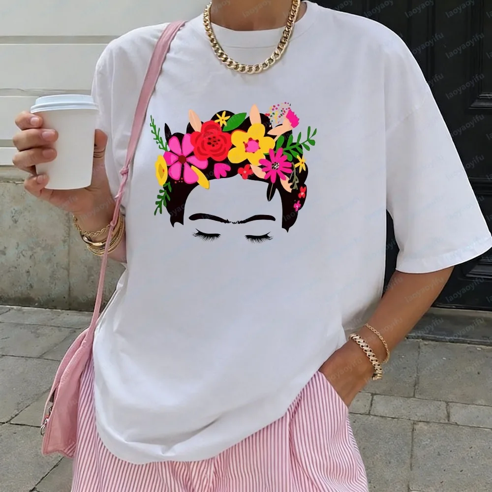 

Frida Kahlo Floral Crown Graphic T-Shirt for Women Mexico Cultural Print Tee Boho Casual Short Sleeve Artistic Top Cotton Tshirt