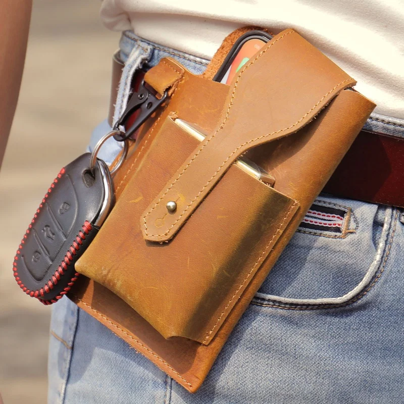 New Men\'s cow leather vintage man small waist casual bag male crossbody mobile phone bag