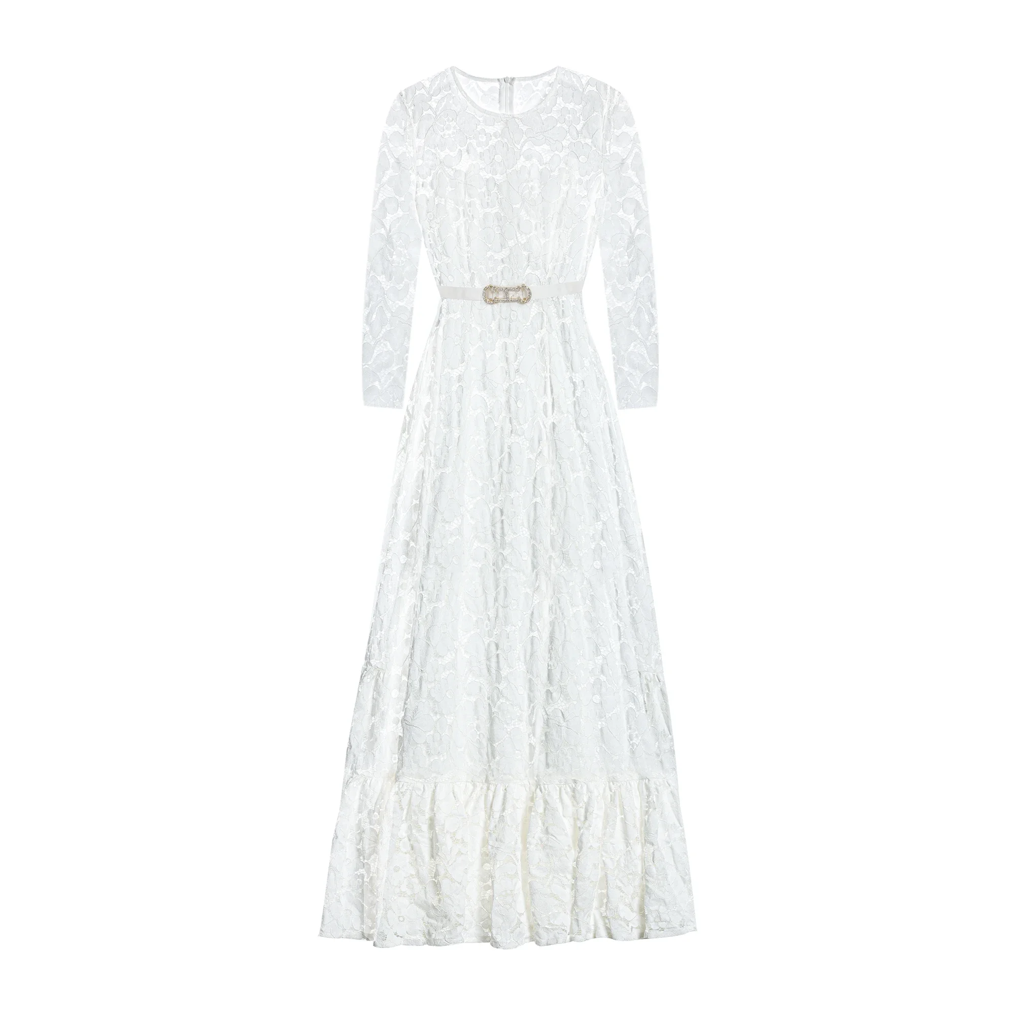 2025 Women Dress Long Sleeve Party Dresses Lace Hollow Out Long Dress Elegant Zipper Belt Design A Line Casual Female Dress