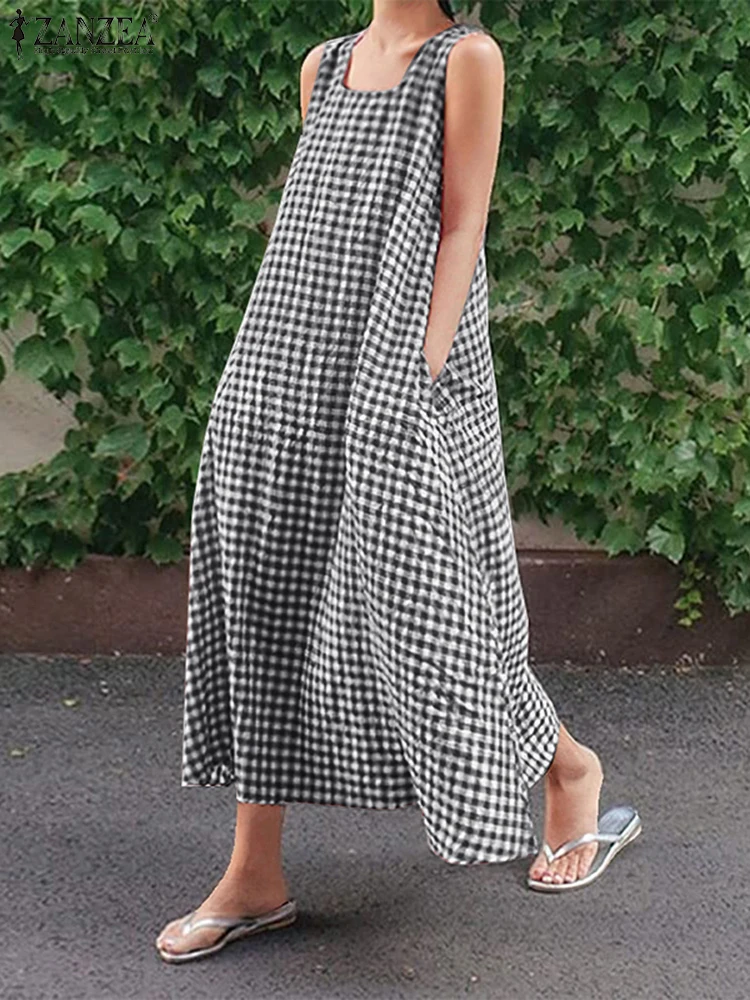 2025 ZANZEA Robe d'été élégante col carré sans manches Robe d'été femmes Plaid à carreaux robes bohême ample vacances Robe caftan