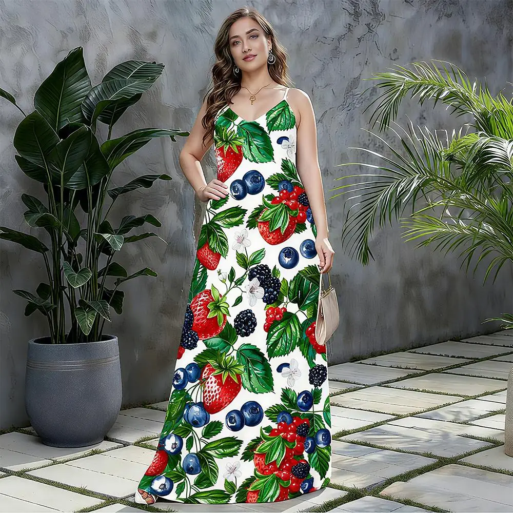 المرأة الفاكهة طباعة الخامس الرقبة فستان الحمالات البوهيمي نمط الصيف فستان كاجوال فضفاض وعصري عطلة الشاطئ فستان ماكسي #5