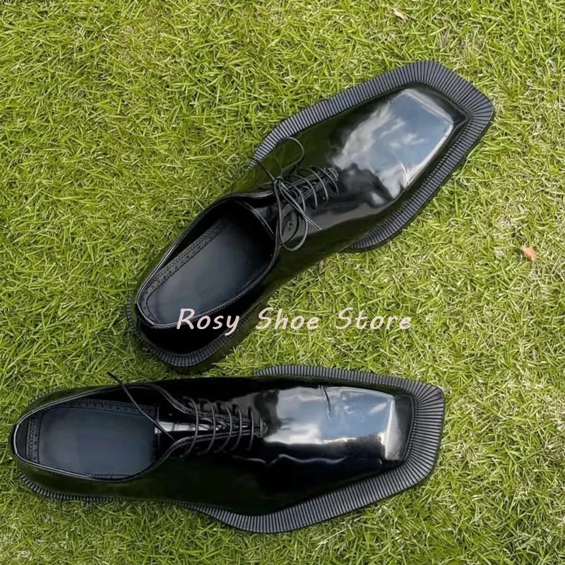 

Men's Black Square Toe Lace Up Matte Patent Leather Shoes Young Elite Business Banquet Suit Shoes Flat Square Heel Leather Shoes