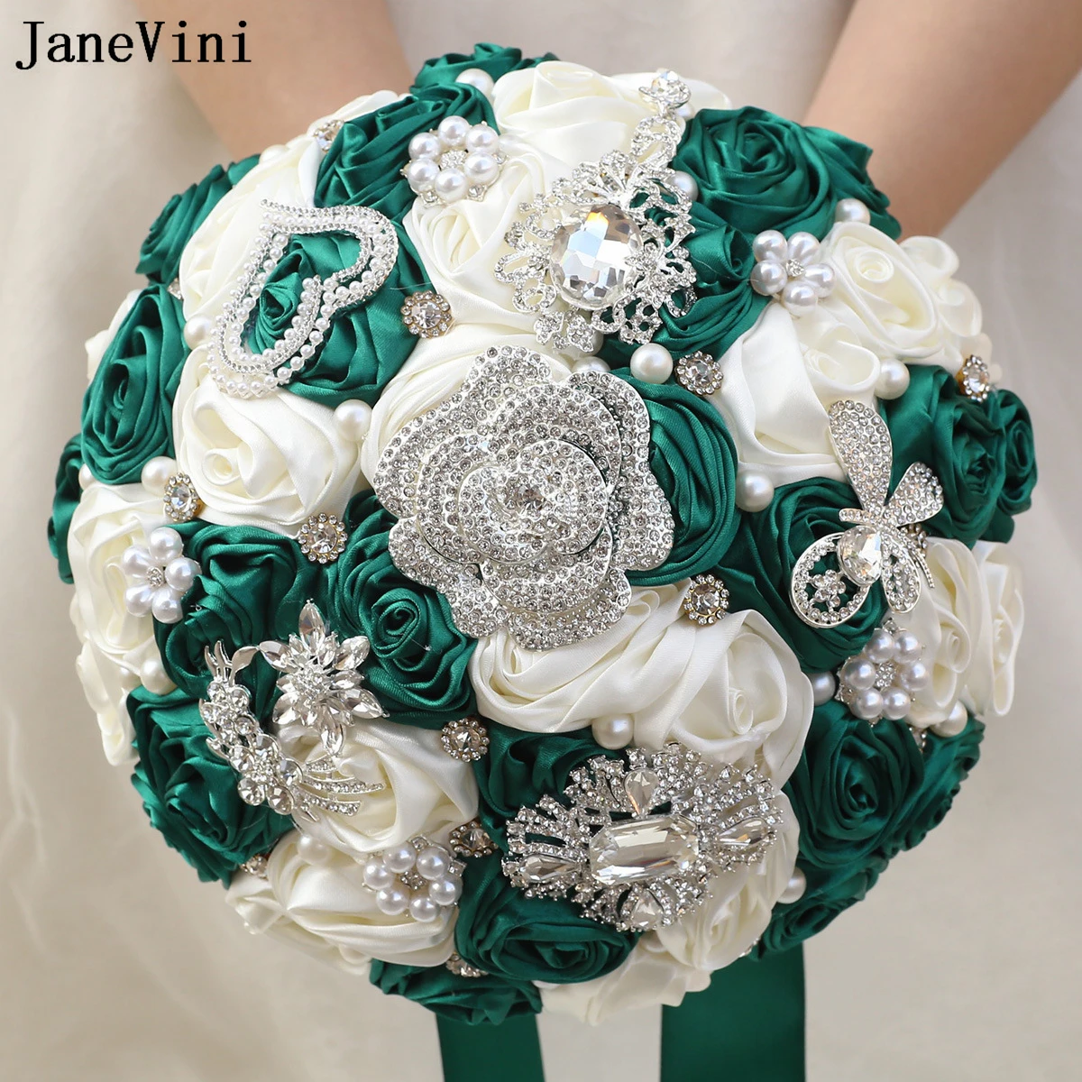 JaneVini New Silver Diamond Jewelry Bridal Bouquets Artificial Satin Roses Pearls Dark Green Ivory Wedding Bride Holding Flowers