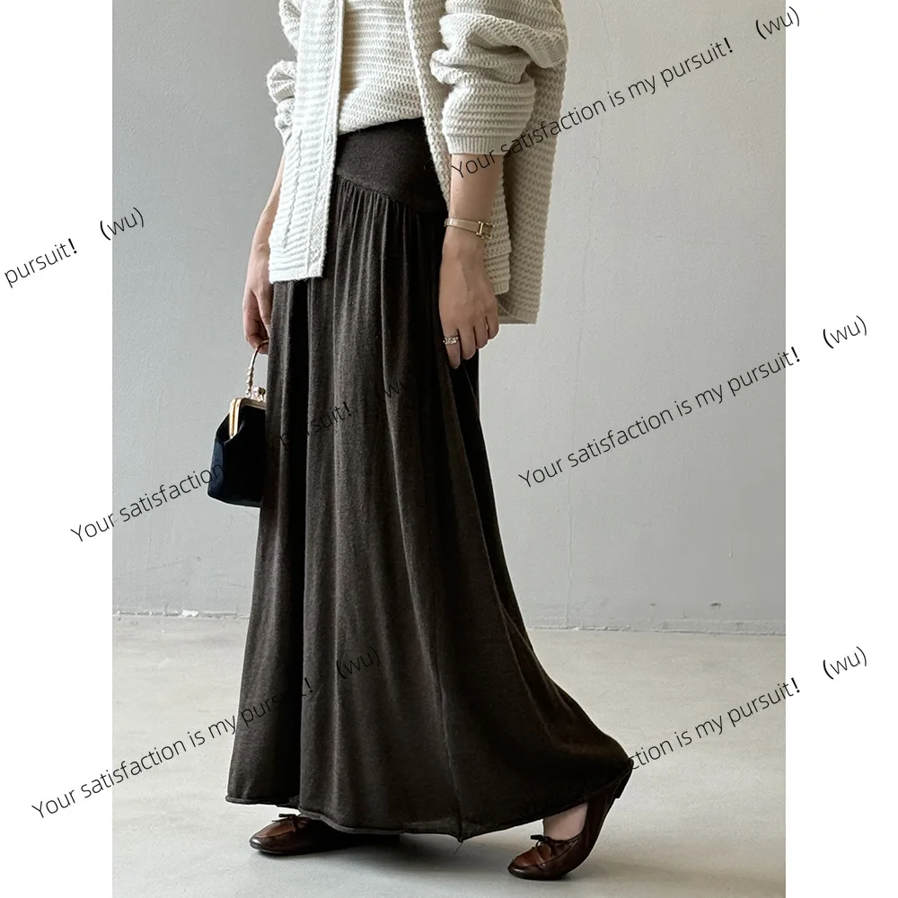 여성 가을 분위기를 위한 한국식 플리츠 하이웨이스트 니트 스커트는 얇고 드레이프합니다