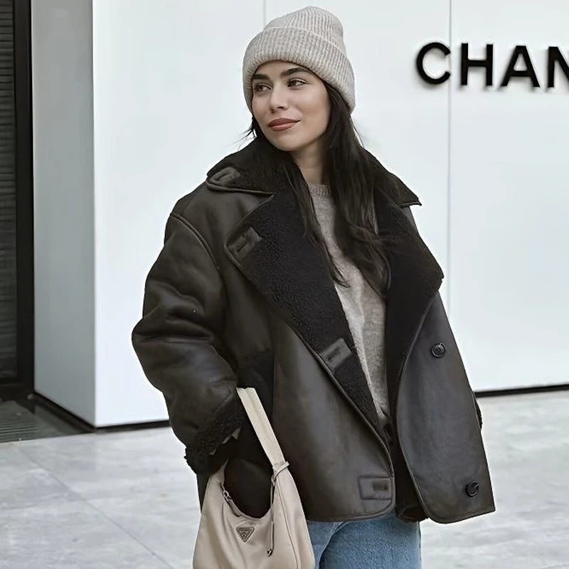 

Женские куртки, новинка 2025, куртки из искусственной кожи для женщин, зимняя теплая куртка-бомбер, женская демисезонная плюшевая куртка с длинными рукавами