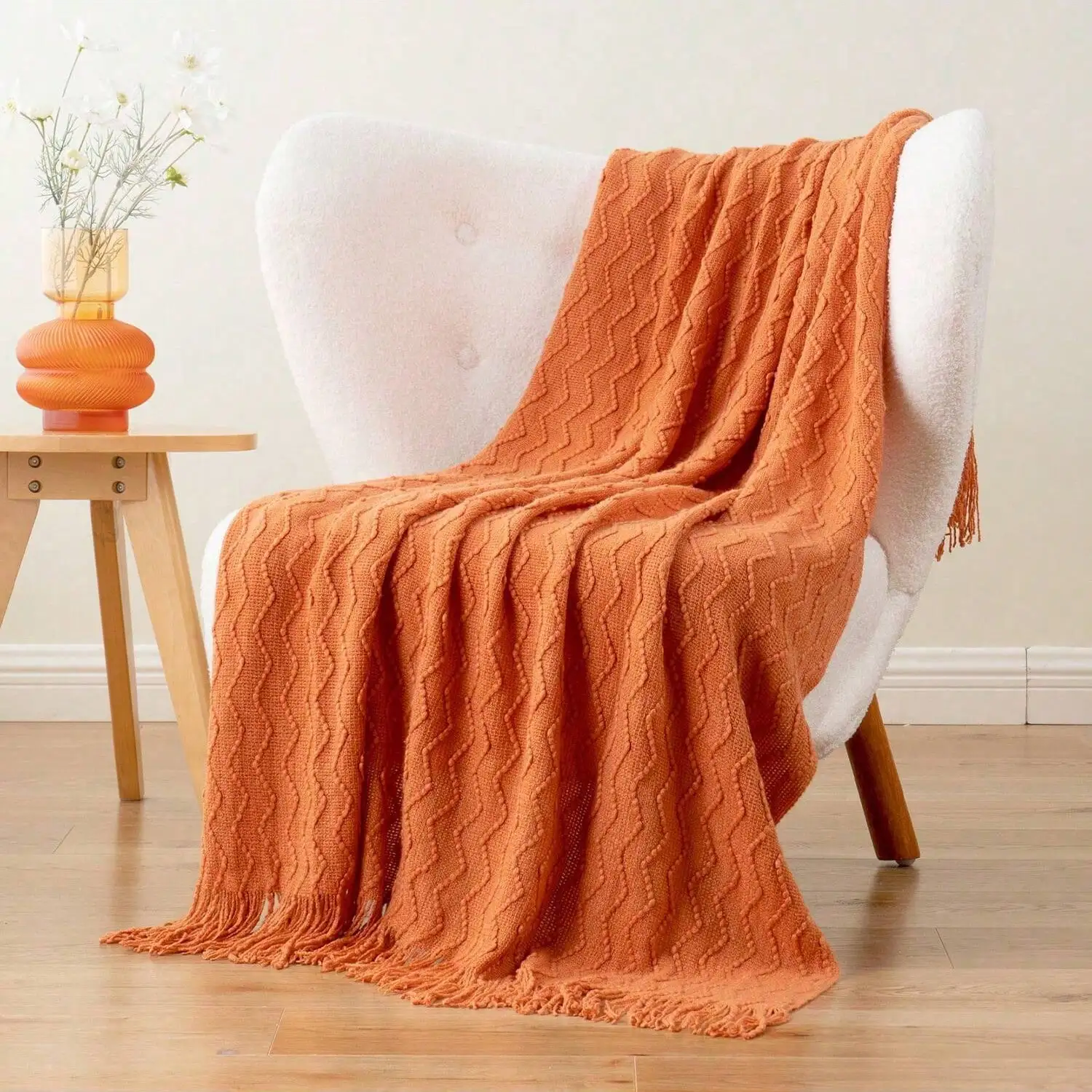 Orange Throw Blanket For Couch, Decorative Fall Throw Blanket With Tassels, Halloween Knitted Blankets And Throws, Fall Decor, 50"X60"，sf2406157728203301 - view 3