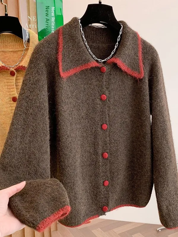 

Retro Color Blo Knitted Open Cardigan Women's plus Size Casual Simple Long Sve Sweater with Turn-down Collar Single Button