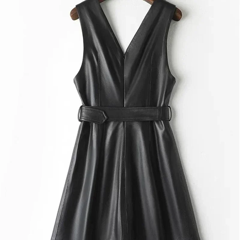 Women Black Matte Faux Leather V Neck Dress Lady Casual Stretch PU Sleeveless Strap Mini Dresses With Belt Party Clubwear Custom