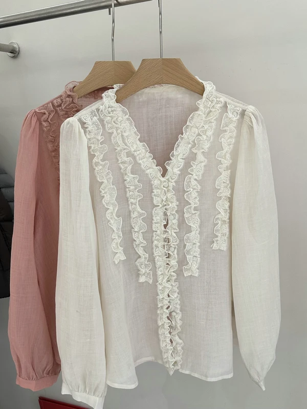 

Gentle Breeze Wooden Ear V-neck Linen Shirt Spring Collection Youthful Fashion Loose Long Sleeve Women's Casual Style Top