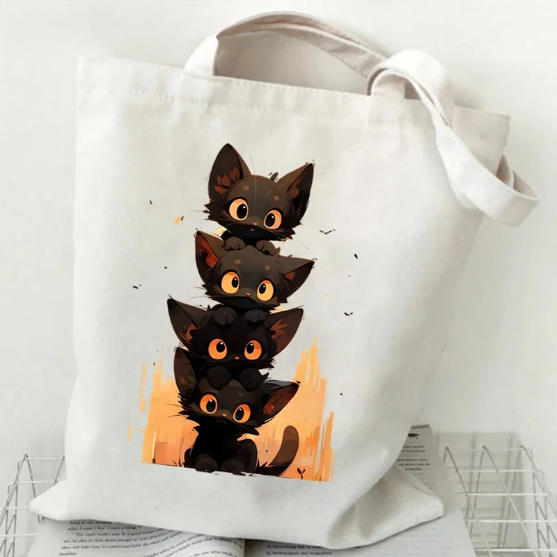 Bolso de mano de lona con estampado de gato negro de Anime bolso de compras para mujer bolso informal con gráfico de moda
