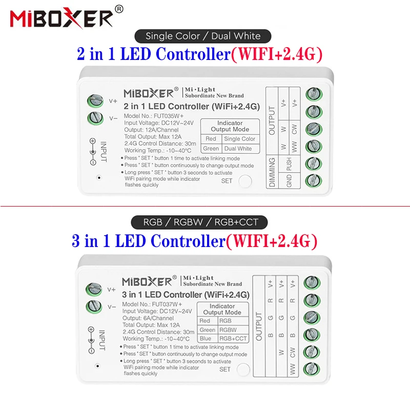 

Miboxer 2.4GHz Single Color Dual White RGB RGBW RGB+CCT LED Controller (WiFi+2.4G) FUT035W+FUT037W+