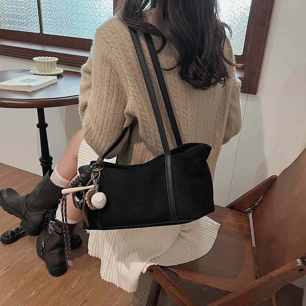 

Women Suede Shoulder Bag with Inner Pocket Flap Underarm Bag Large Capacity Handbag Solid Clutch Purse for Work Travel