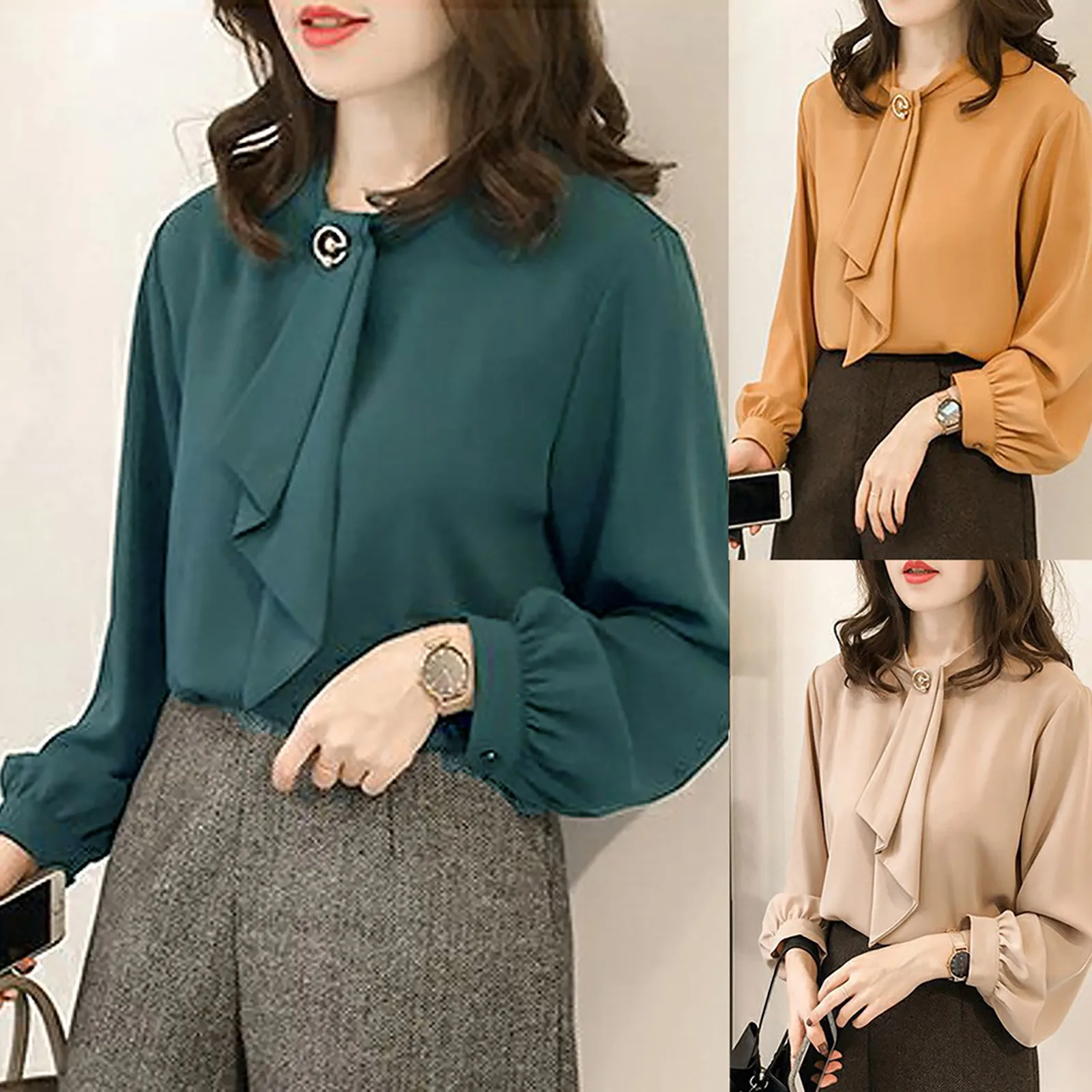 Spring Summer Elegant Blouses Ladies’ Casual Long Lantern Sleeve Solid Round Neck Chiffon Thin Shirt And Blouse Office Lady Tops