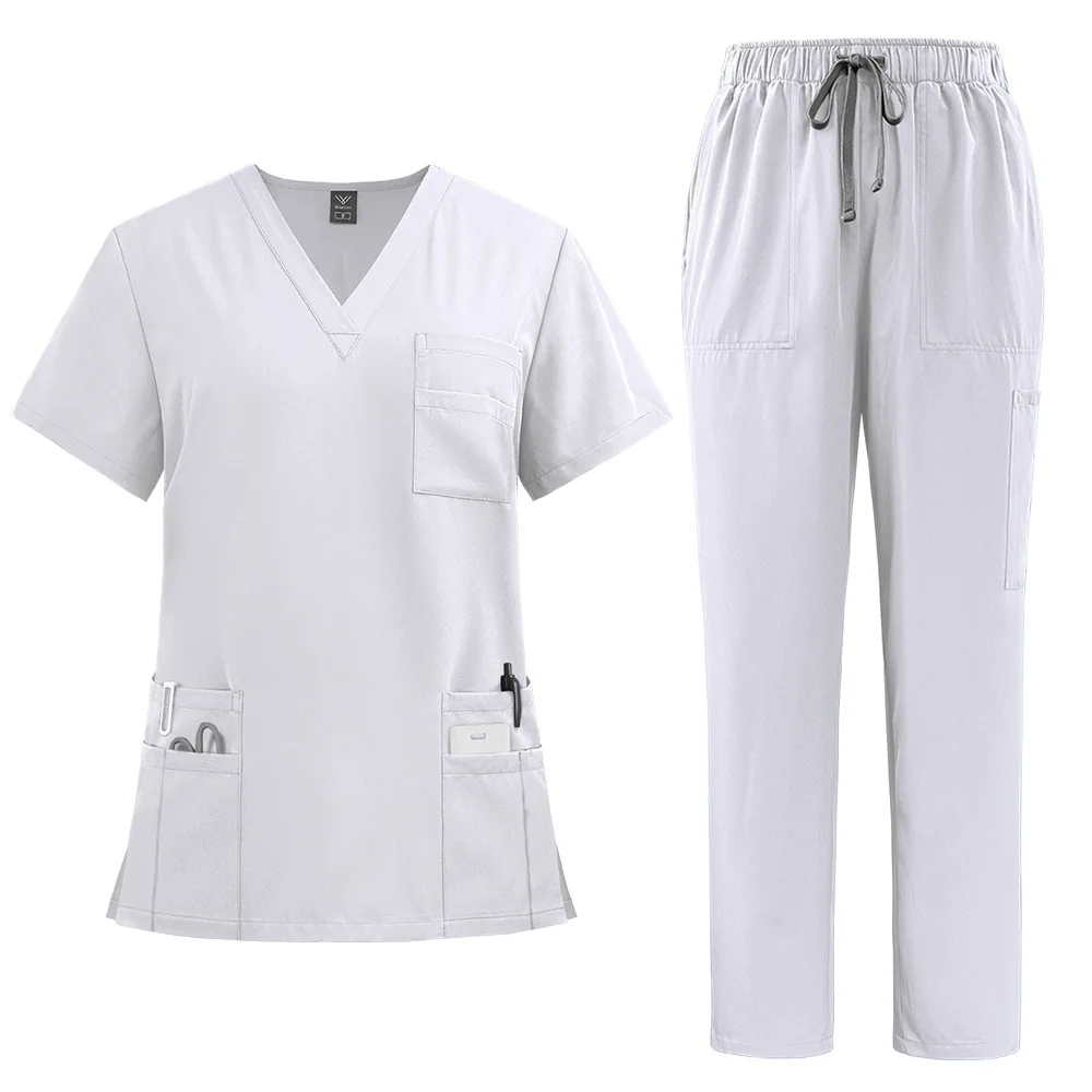 Summer New Medical Uniforms for Men Women Elastic Nurse Scrubs Cool Fabric V-neck Short Sleeve Medical Tops Pockets Pants Suit