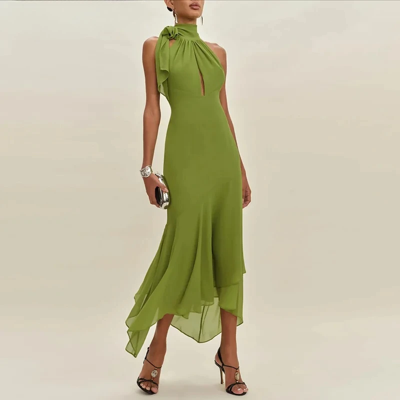 

Trendy Clothes Woman 2025 Elegant Tie-up Ruffle Irregular Dress Sexy Pure Slim Fit Long Dress Summer Backless Hollow Party Dress