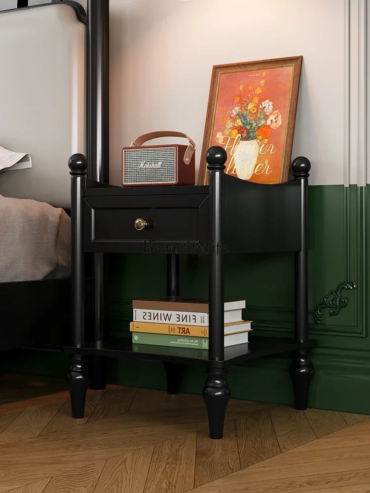

LJYLJYLFrench retro black household bedside storage American solid wood drawer bedside table