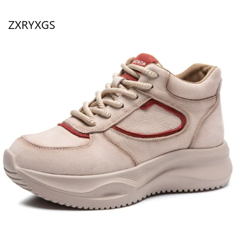 ZXRYXGS Top Layer Cowhide Spell Color Lace-up Women Sneakers Thick Sole Non-slip Light Comfort Casual Sneakers Trend Shoes 2025