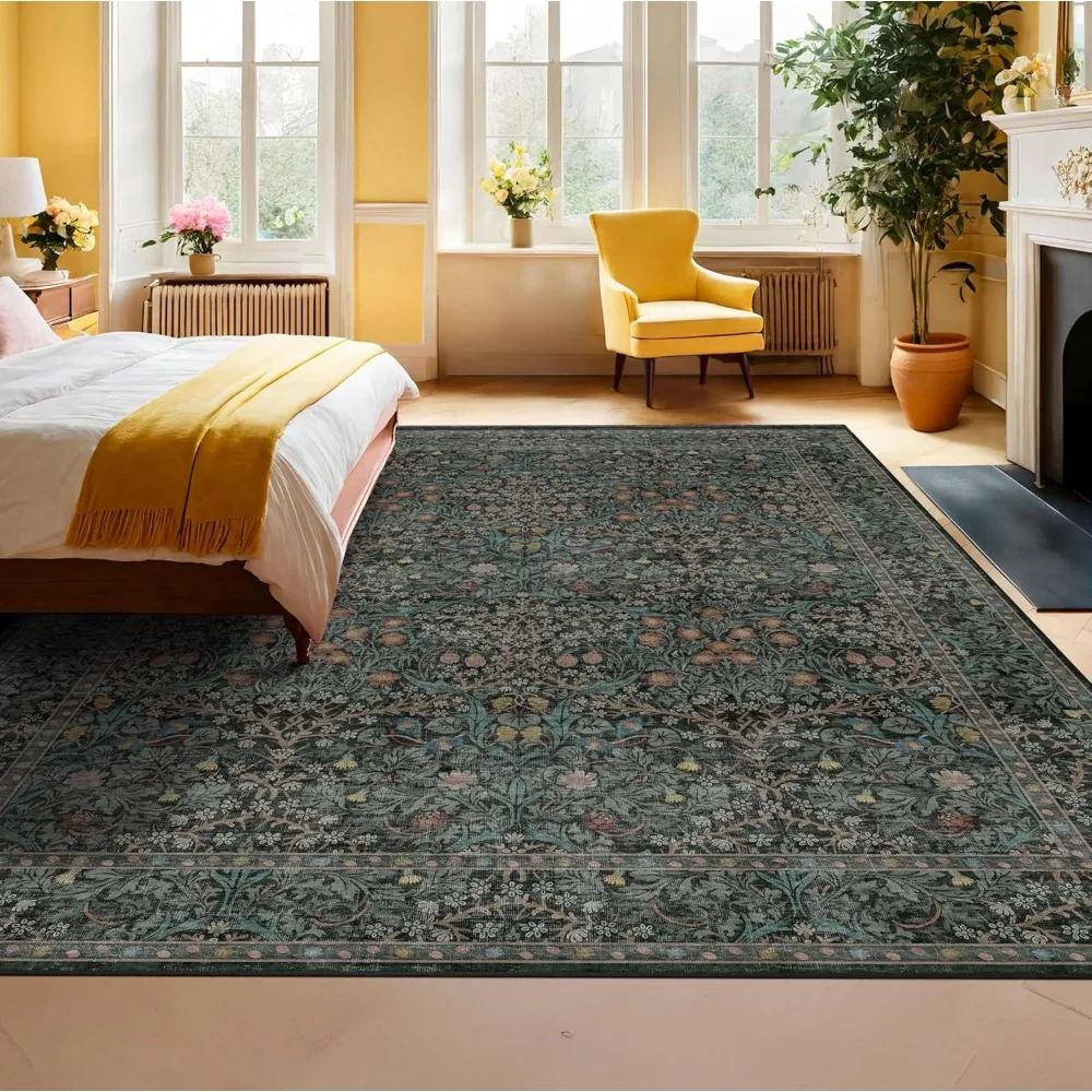 سجادة أنيقة باللون الأخضر الداكن مقاس 8 × 10، سجادة منطقة قابلة للغسل لتناول الطعام والمطبخ وغرفة النوم، نمط شرقي منخفض الكومة