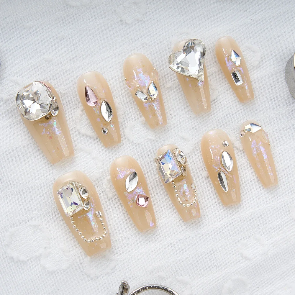 

10pcs Long Press on False Nail Handmade Nails with Diamond Nude Temperament Decorated Fake Nails for Wedding Party Dance Wearing