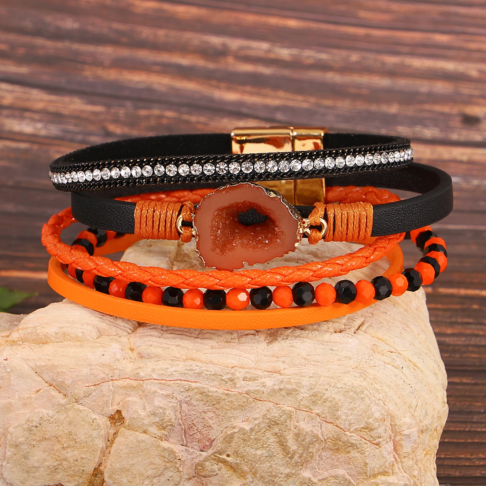 

Amorcome Vintage Irregular Artificial Stone Multilayer Leather Bracelet for Women Woven Rope Chain Bracelet Holiday Jewelry Gift