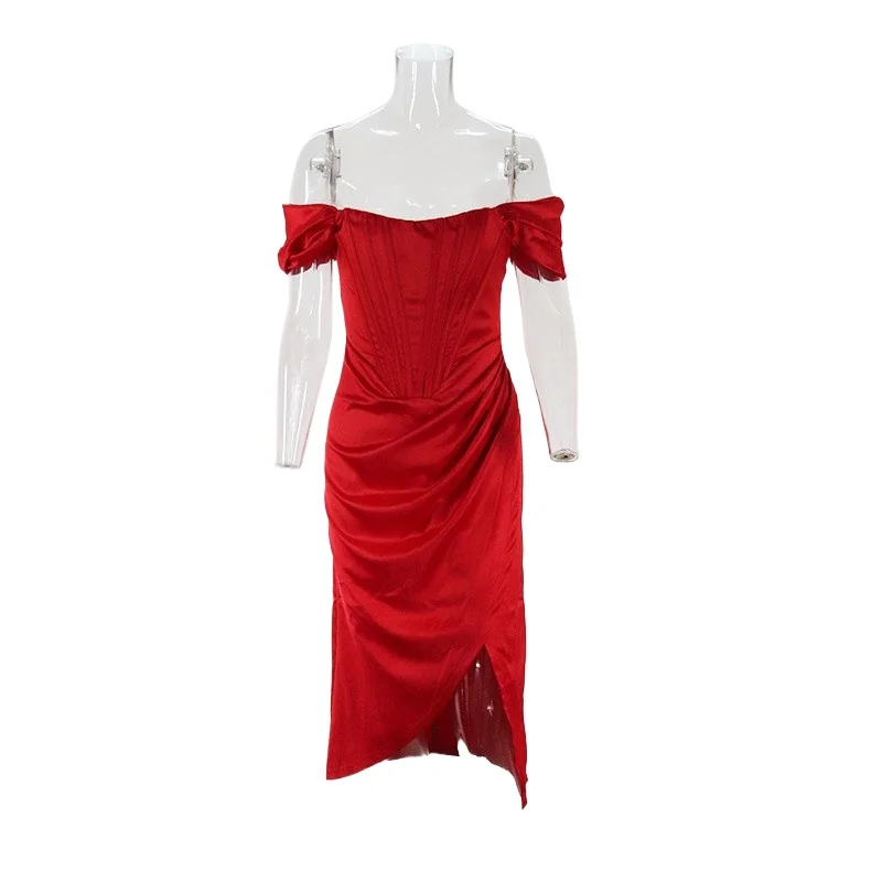 

Sexy Off Shoulder Rucehd Side Split Knee Length Formal Dress