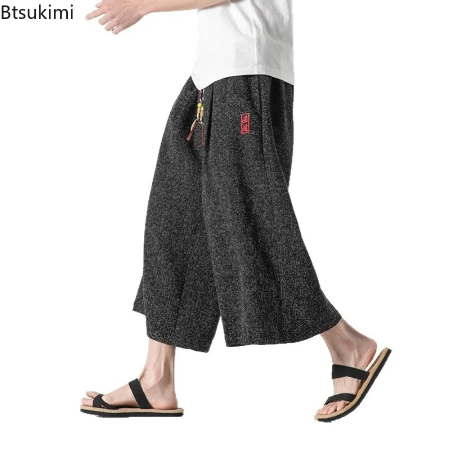 Summer Chinese Style Wide Leg Pants Men's Bath Pant Samurai Harajuku Casual Loose Capri Pants Yukata Wide Leg Trousers for Men