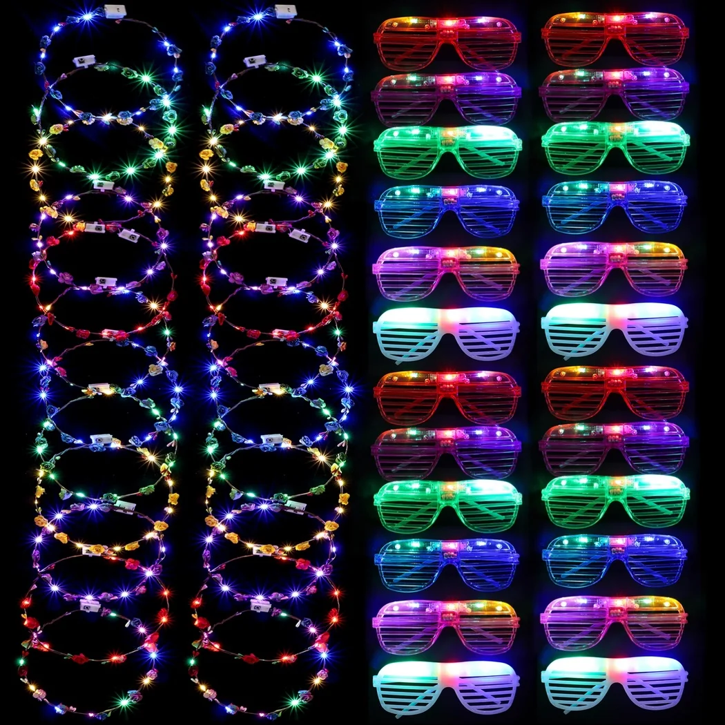 48Pcs LED Glasses Flower Crown Headband MultiColor LED Flower Wreath Light Up Glasses Glow Shutter Shades Glasses Party Supplies